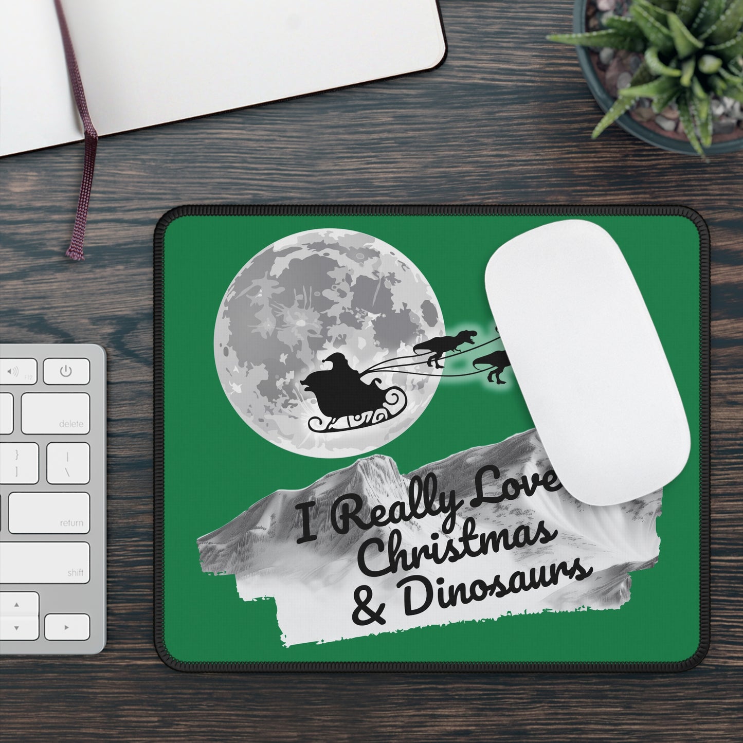 Christmas Dinosaur Gaming Mouse Pad, Holiday Santa Sleigh Design, Xmas Desk Mat, Gift for Gamers, Xmas Office Decor