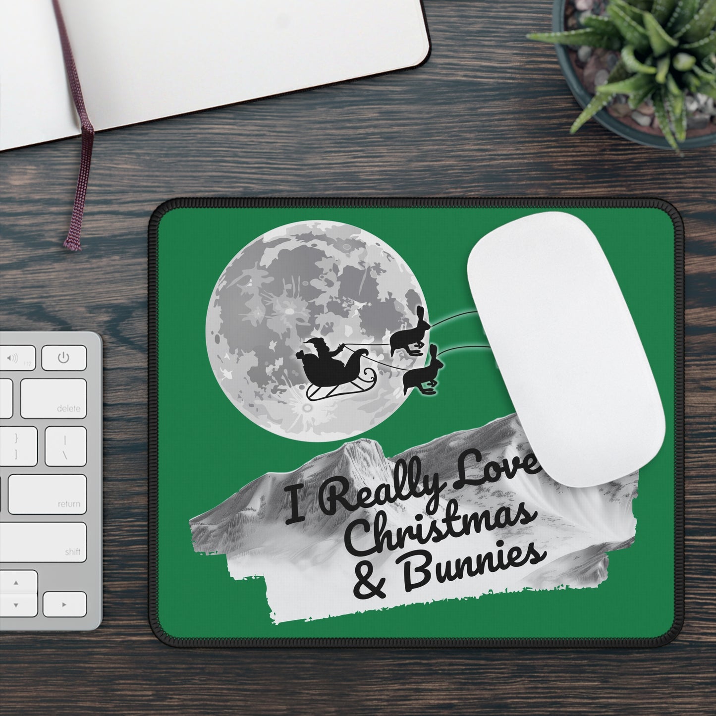 Christmas Bunny Gaming Mouse Pad, Holiday Santa Sleigh Design, Xmas Desk Mat, Gift for Gamers, Rabbit Xmas Office Decor