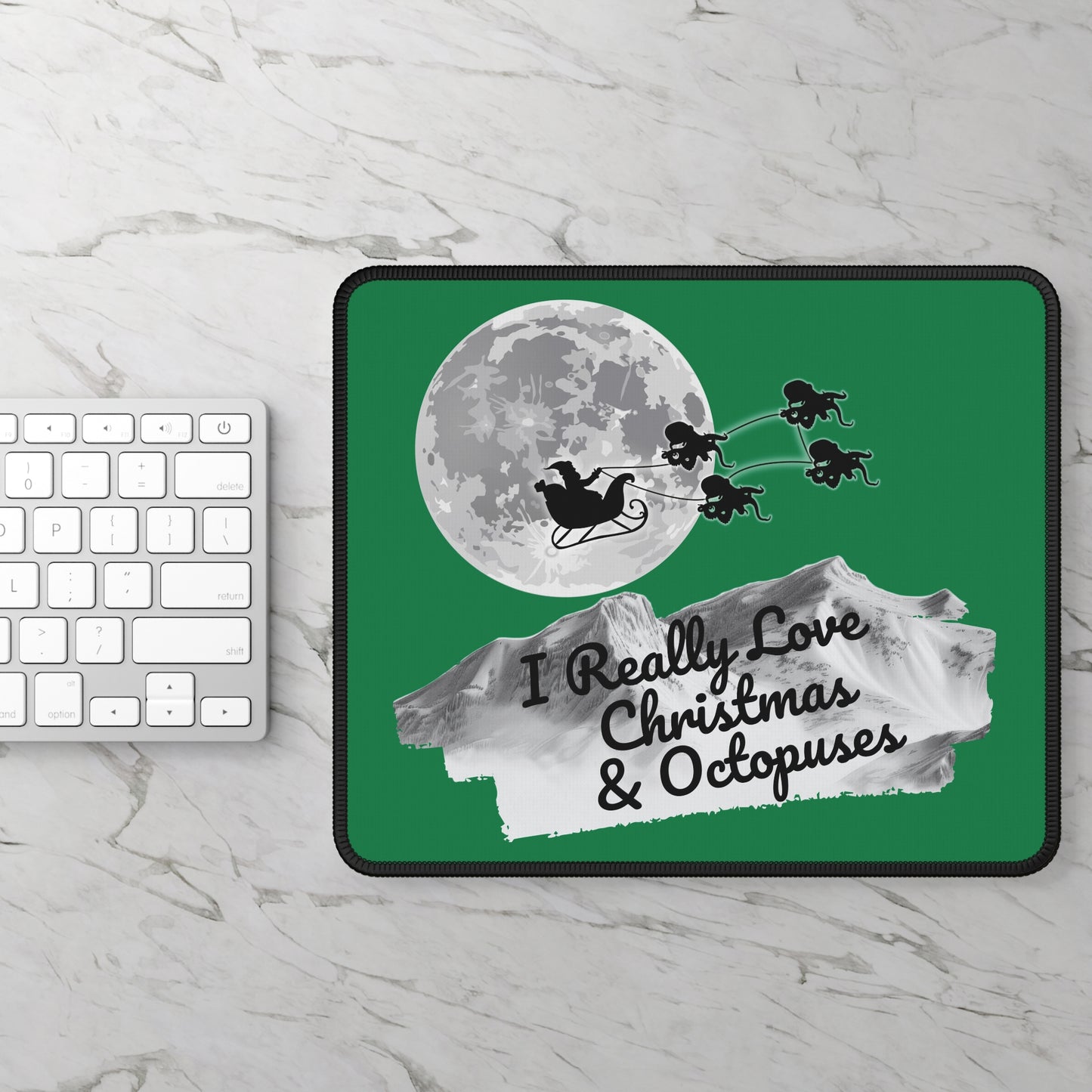 Christmas Octopus Gaming Mouse Pad, Holiday Santa Sleigh Design, Xmas Desk Mat, Gift for Gamers, Cephalopod Xmas Office Decor