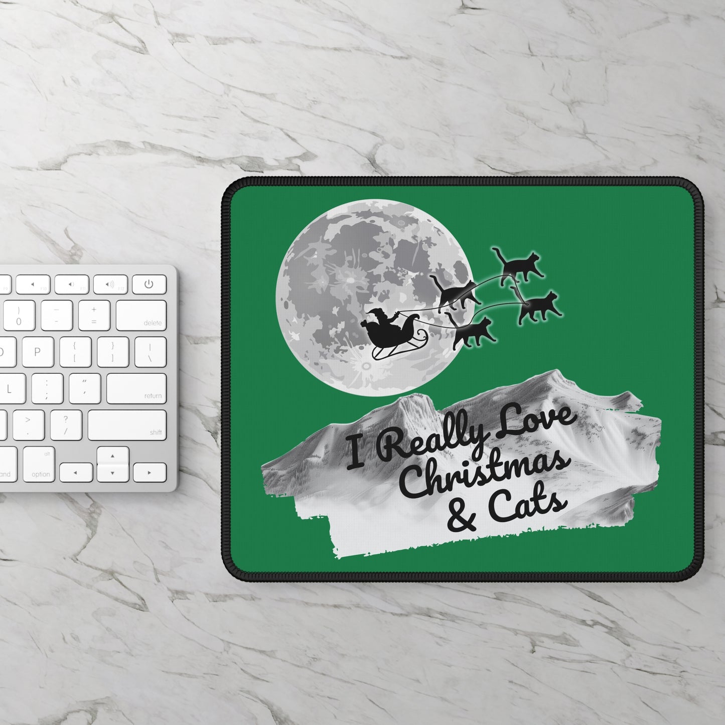 Christmas Cat Gaming Mouse Pad, Holiday Santa Sleigh Design, Xmas Desk Mat, Gift for Gamers, Kitten Xmas Office Decor