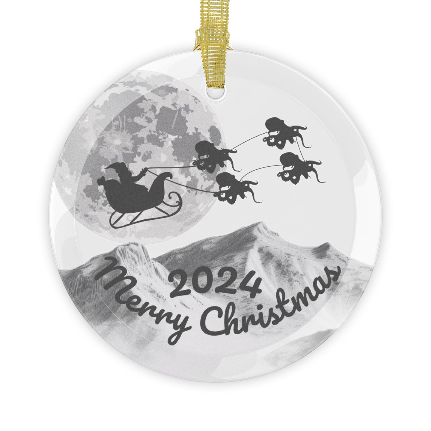 Glass Ornaments featuring Santa Riding a Sleigh Pulled by a Team of Octopus