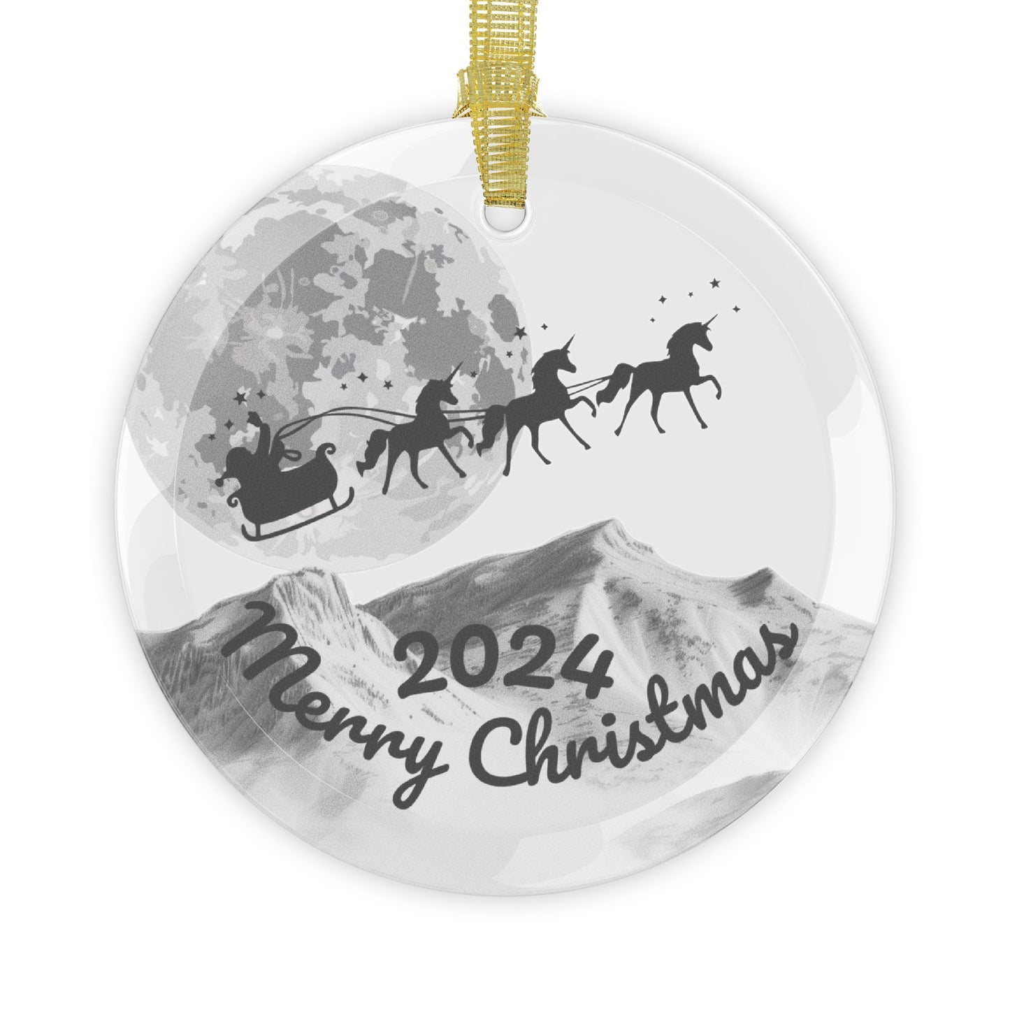 Glass Ornaments featuring Santa Riding a Sleigh Pulled by a Team of Unicorns