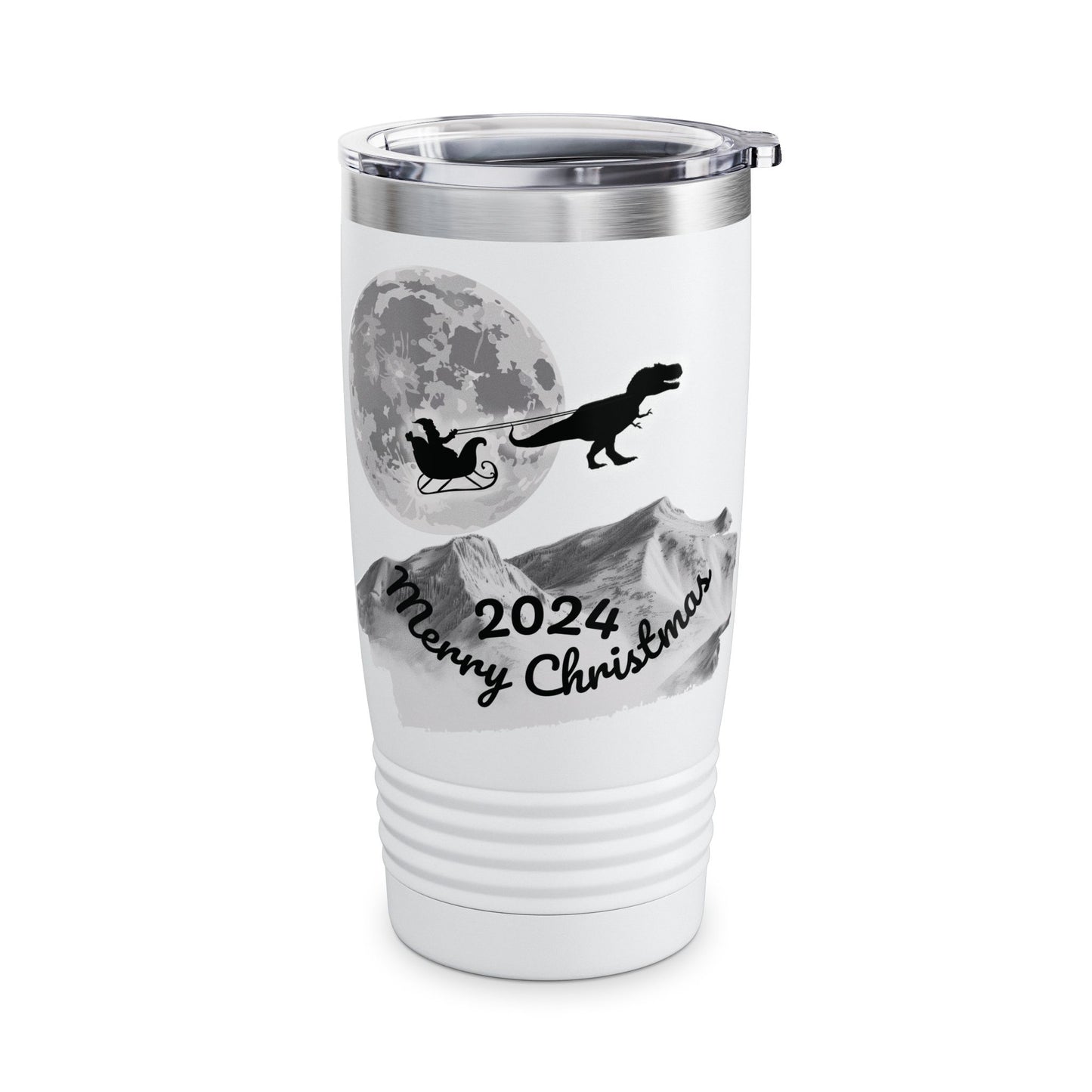 Christmas Tumbler, Santa Riding Sleigh Pulled by a T-Rex, 20oz