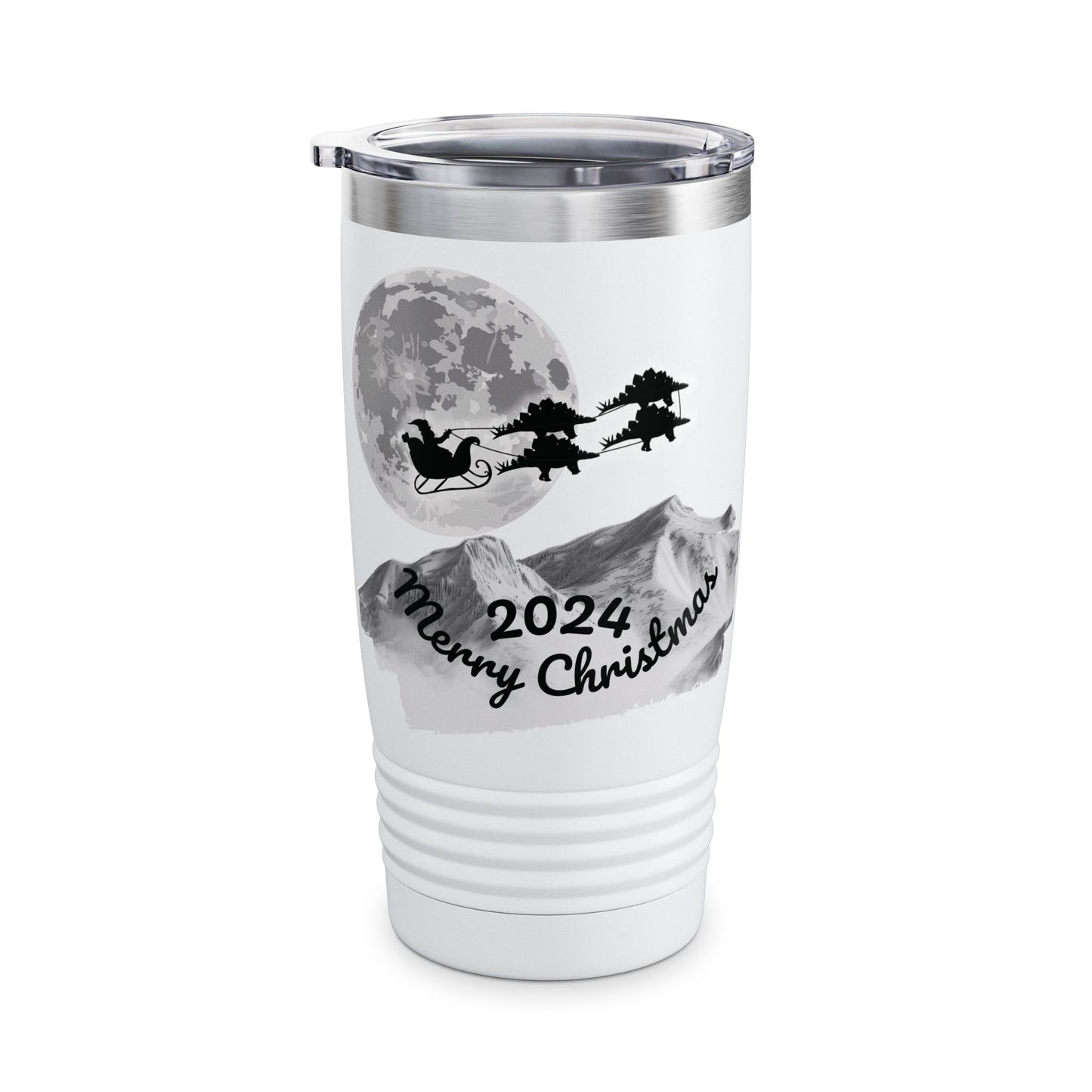 Christmas Tumbler, Santa Riding Sleigh Pulled by Stegosaurs, 20oz