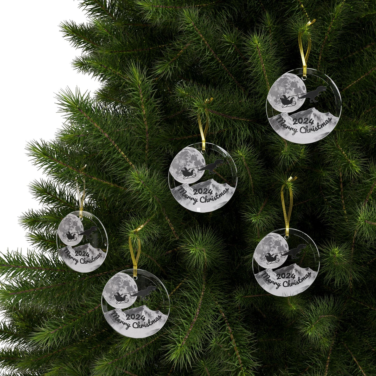 Glass Ornaments featuring Santa Riding a Sleigh Pulled by a Giant Tyrannosaurus Rex