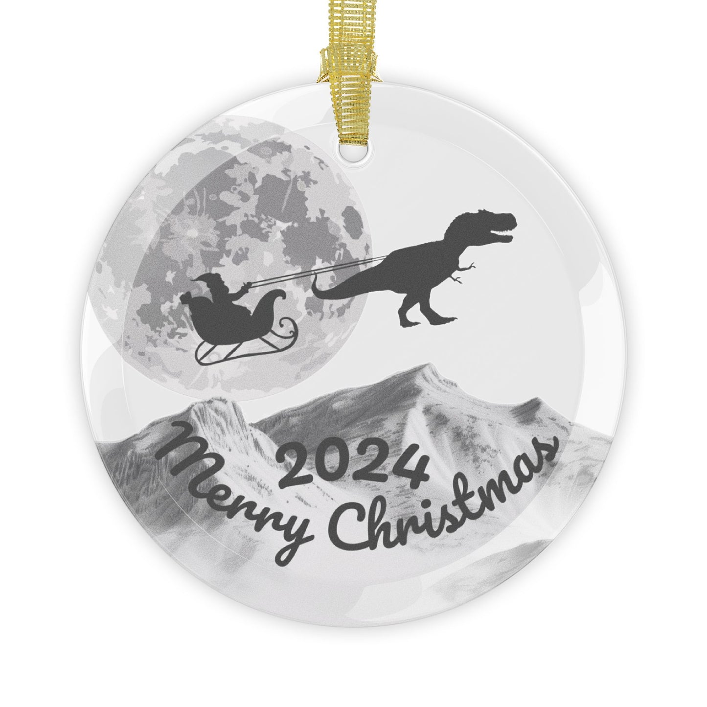 Glass Ornaments featuring Santa Riding a Sleigh Pulled by a Giant Tyrannosaurus Rex