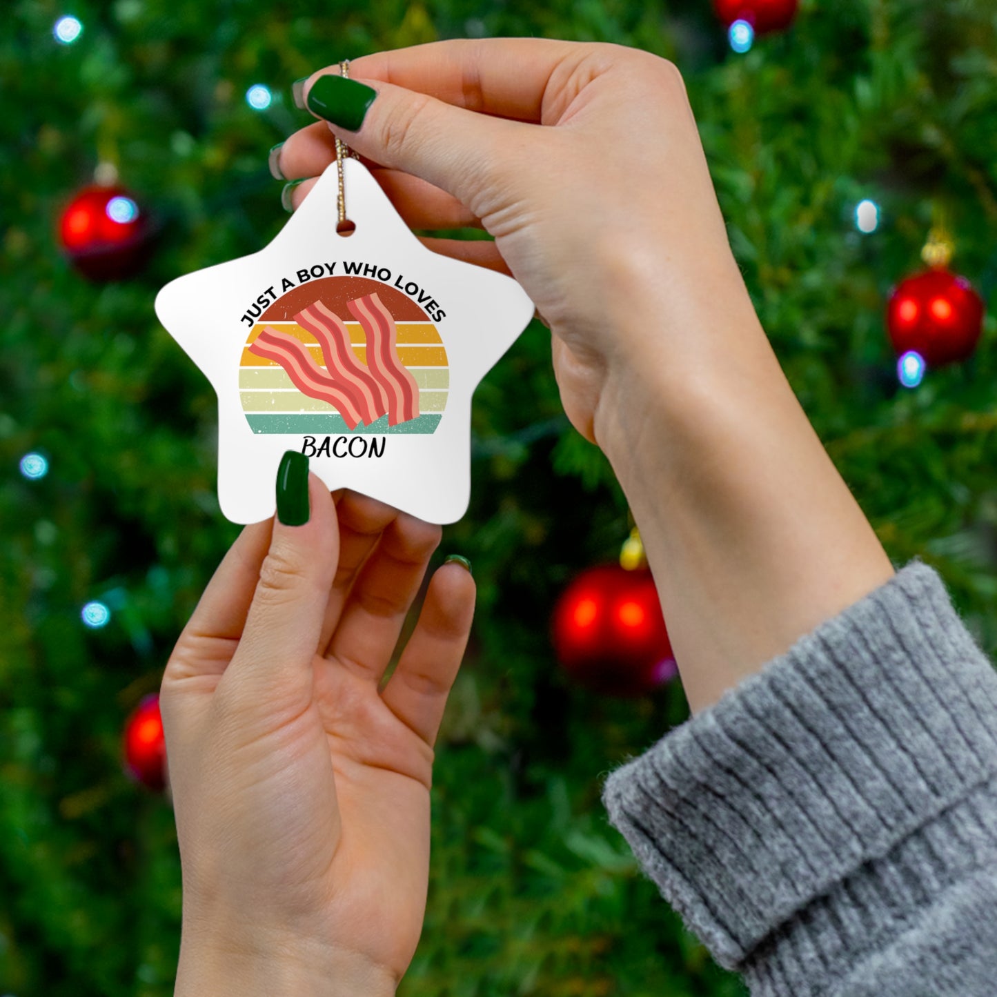 Just a Boy Who Loves Bacon Ceramic Ornament, 3 Shapes