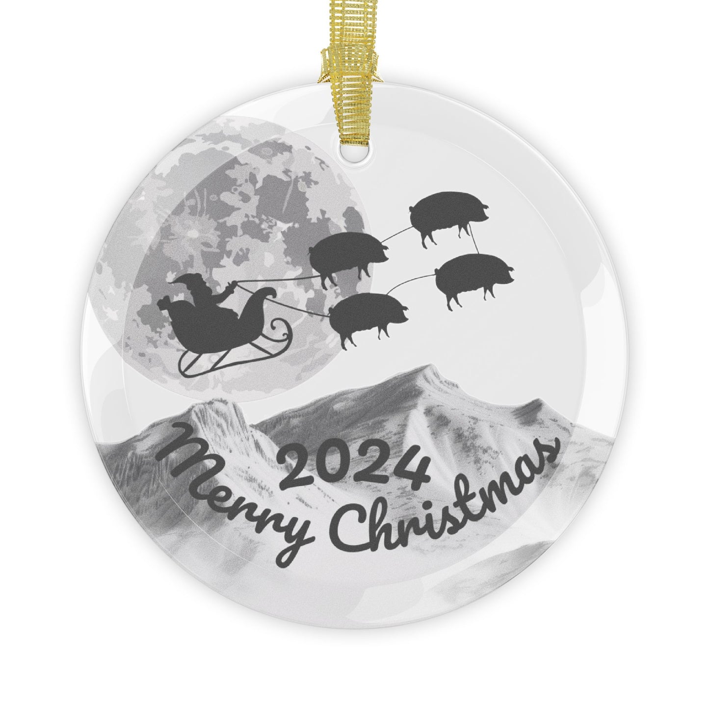 Glass Ornaments featuring Santa Riding a Sleigh Pulled by a Team of Hogs