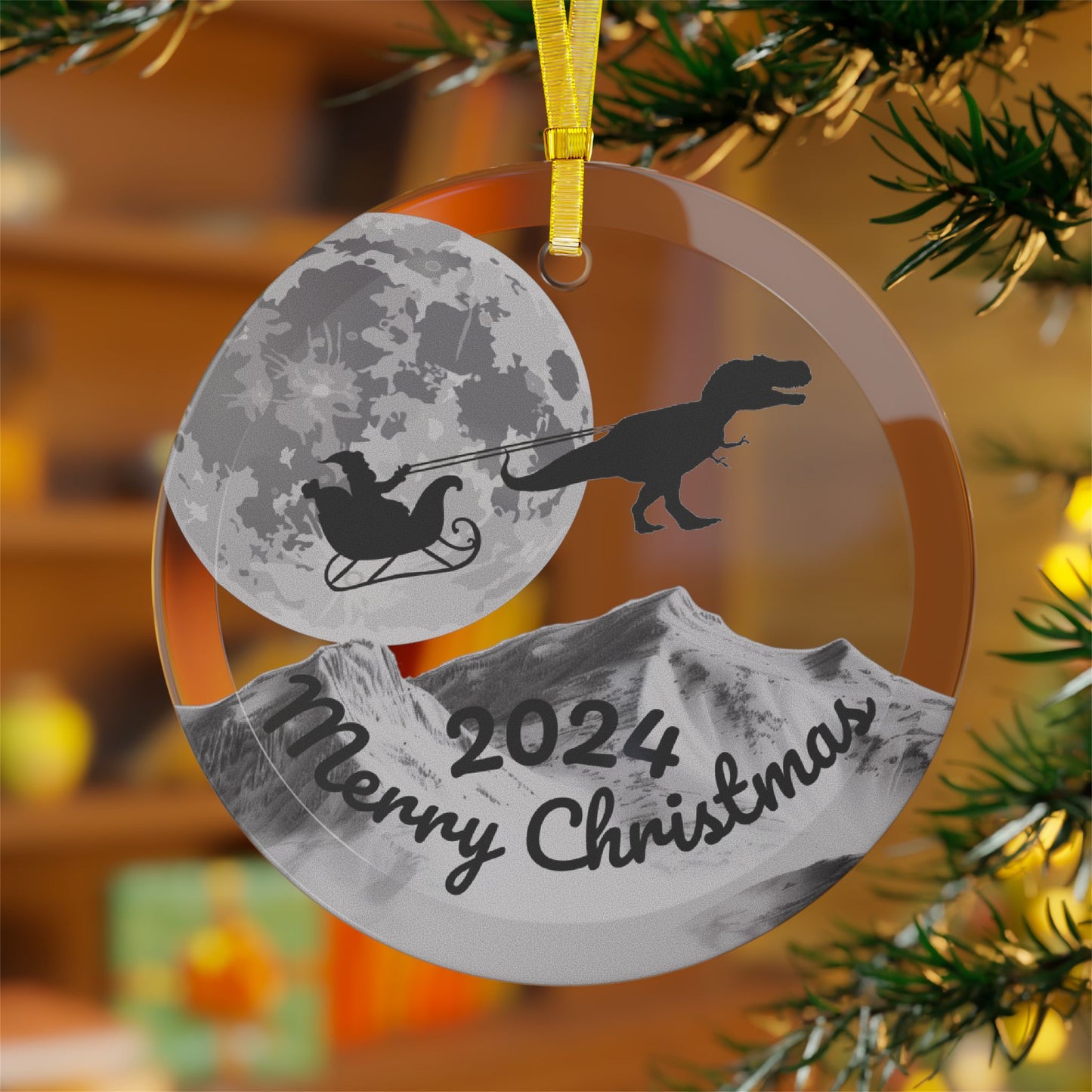 Glass Ornaments featuring Santa Riding a Sleigh Pulled by a Giant Tyrannosaurus Rex