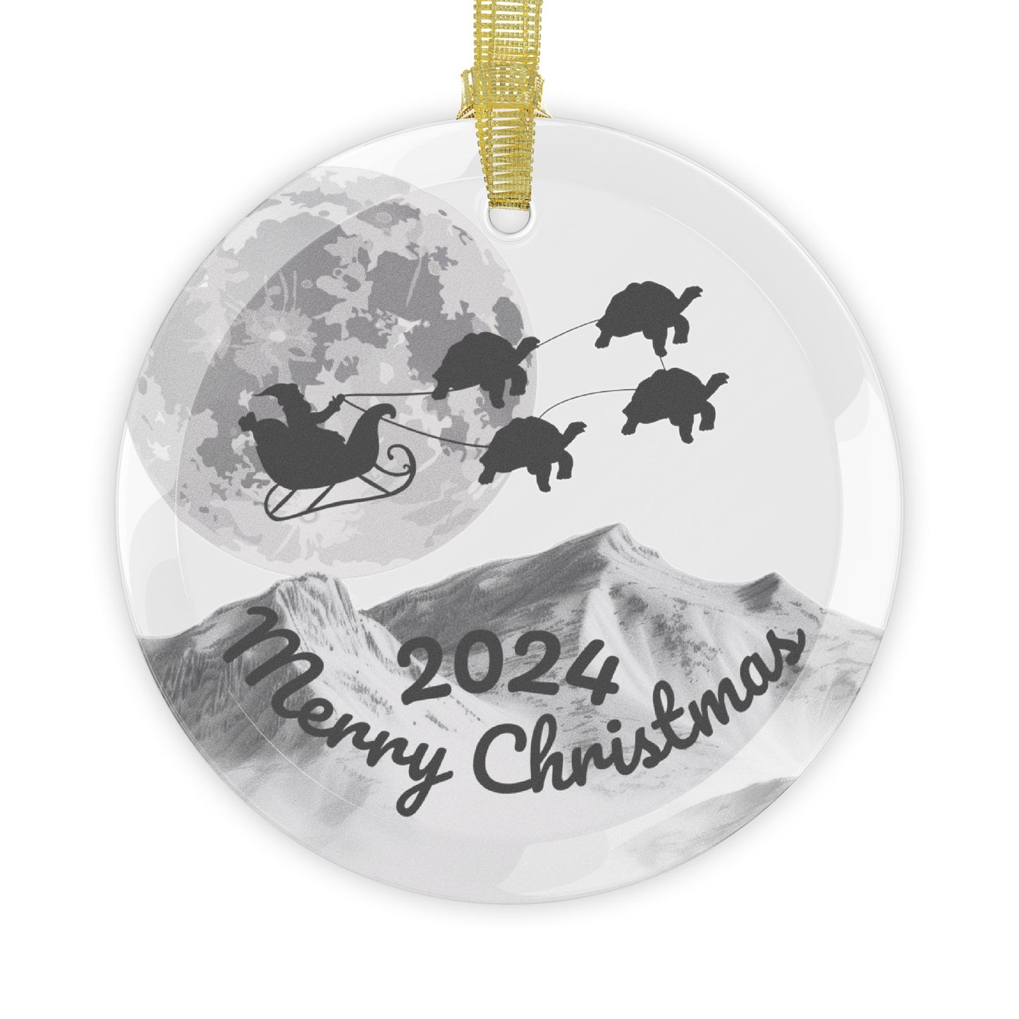 Glass Ornaments featuring Santa Riding a Sleigh Pulled by a Team of Tortoises