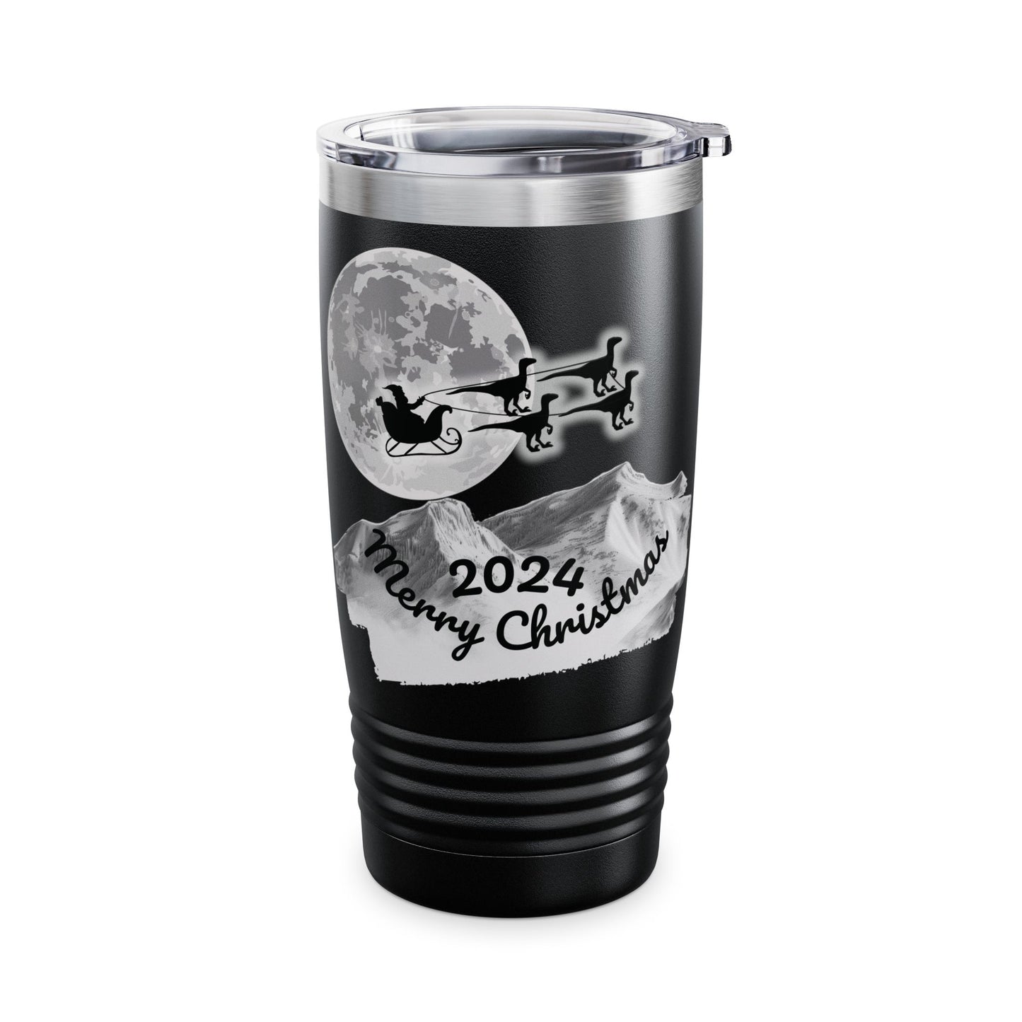 Christmas Tumbler, Santa Riding Sleigh Pulled by Velociraptors, 20oz