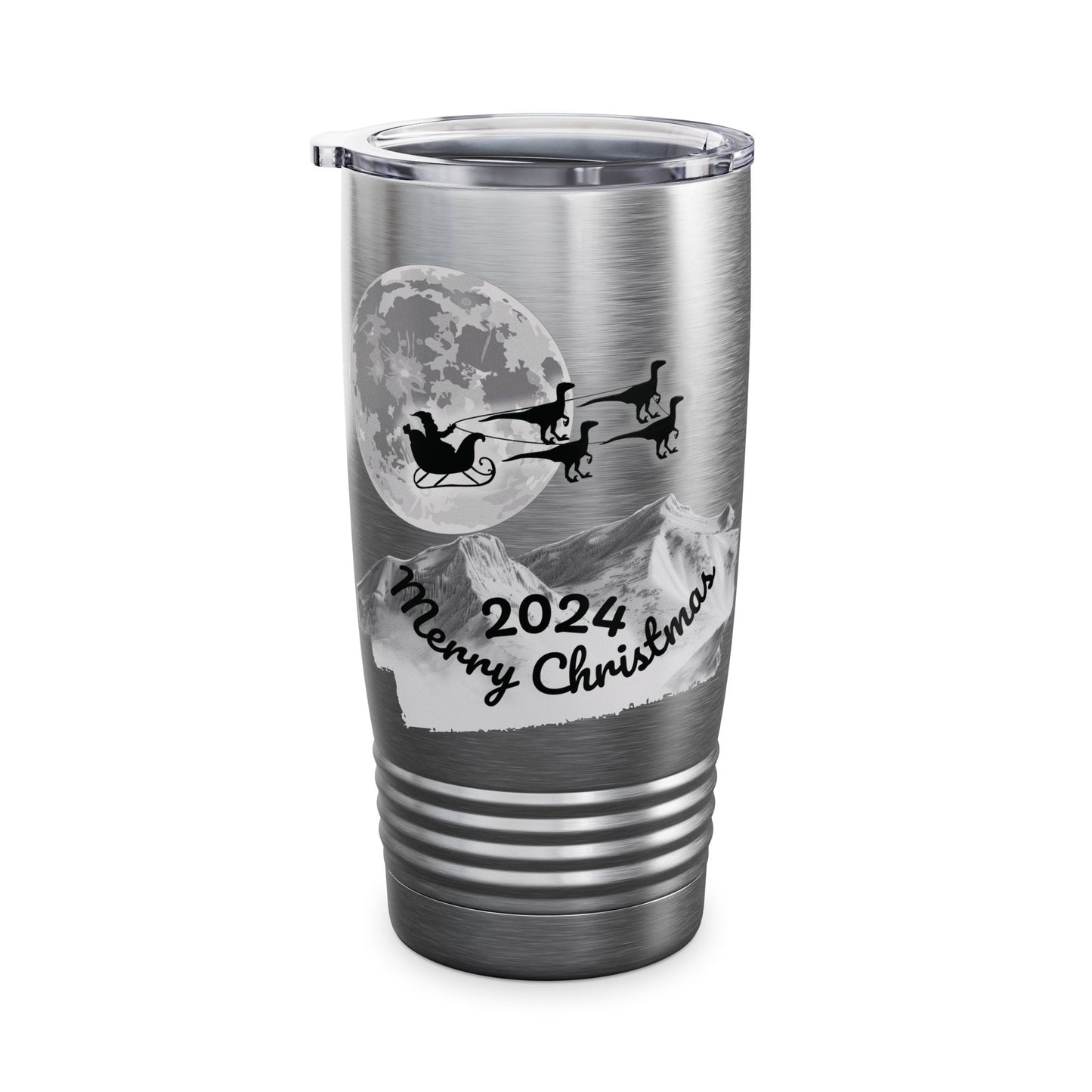 Christmas Tumbler, Santa Riding Sleigh Pulled by Velociraptors, 20oz