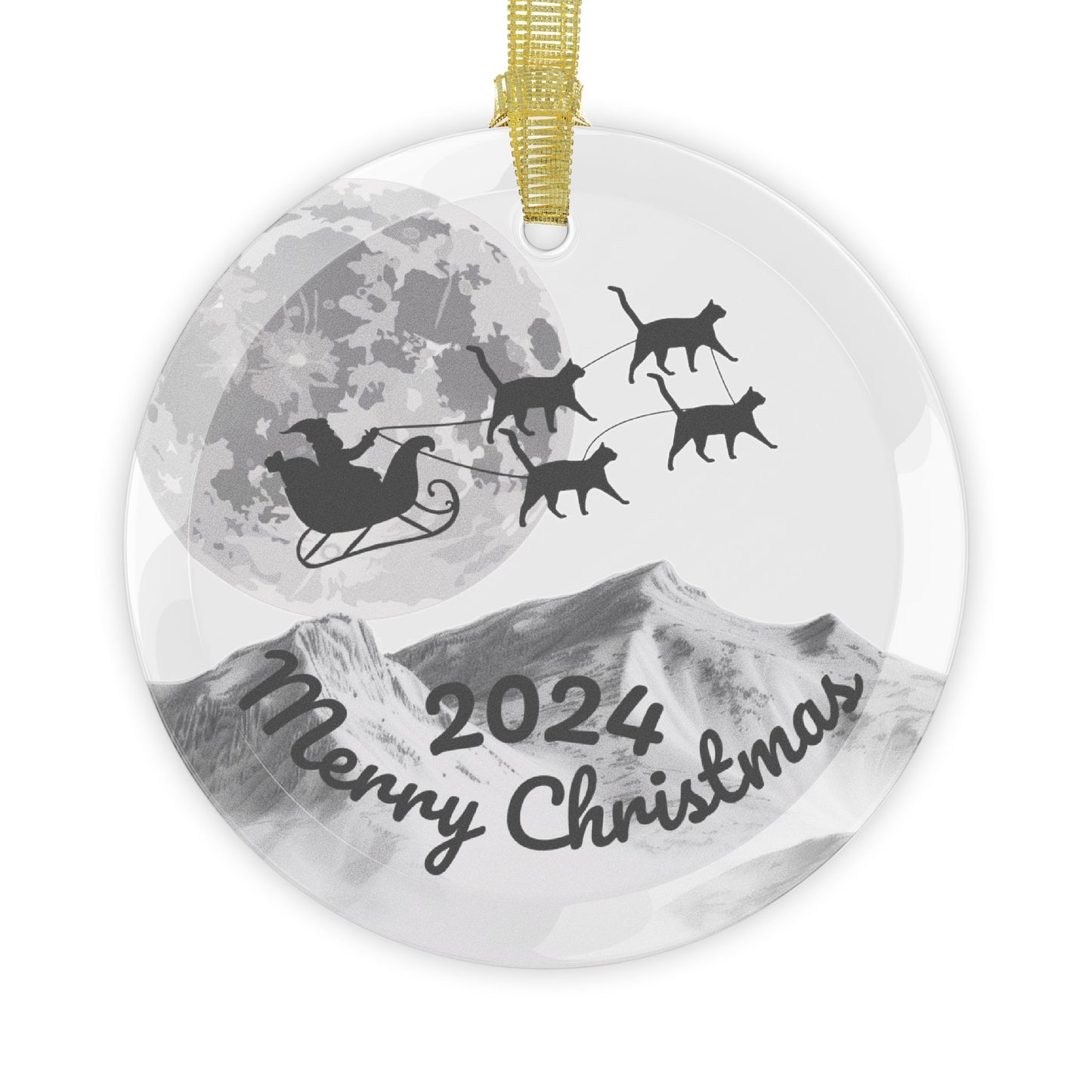 Glass Ornaments featuring Santa Riding a Sleigh Pulled by a Team of Cats