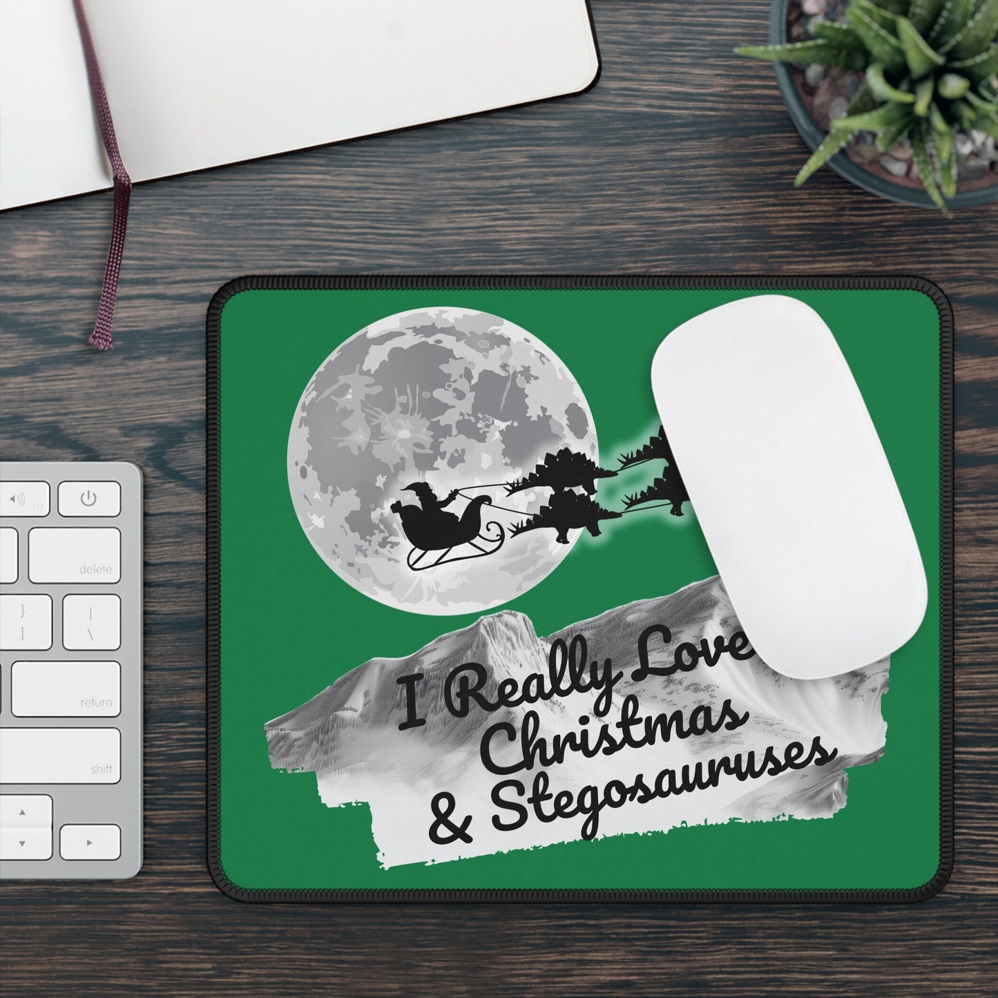 Christmas Dinosaur Gaming Mouse Pad, Holiday Santa Sleigh Design, Xmas Desk Mat, Gift for Gamers, Xmas Office Decor