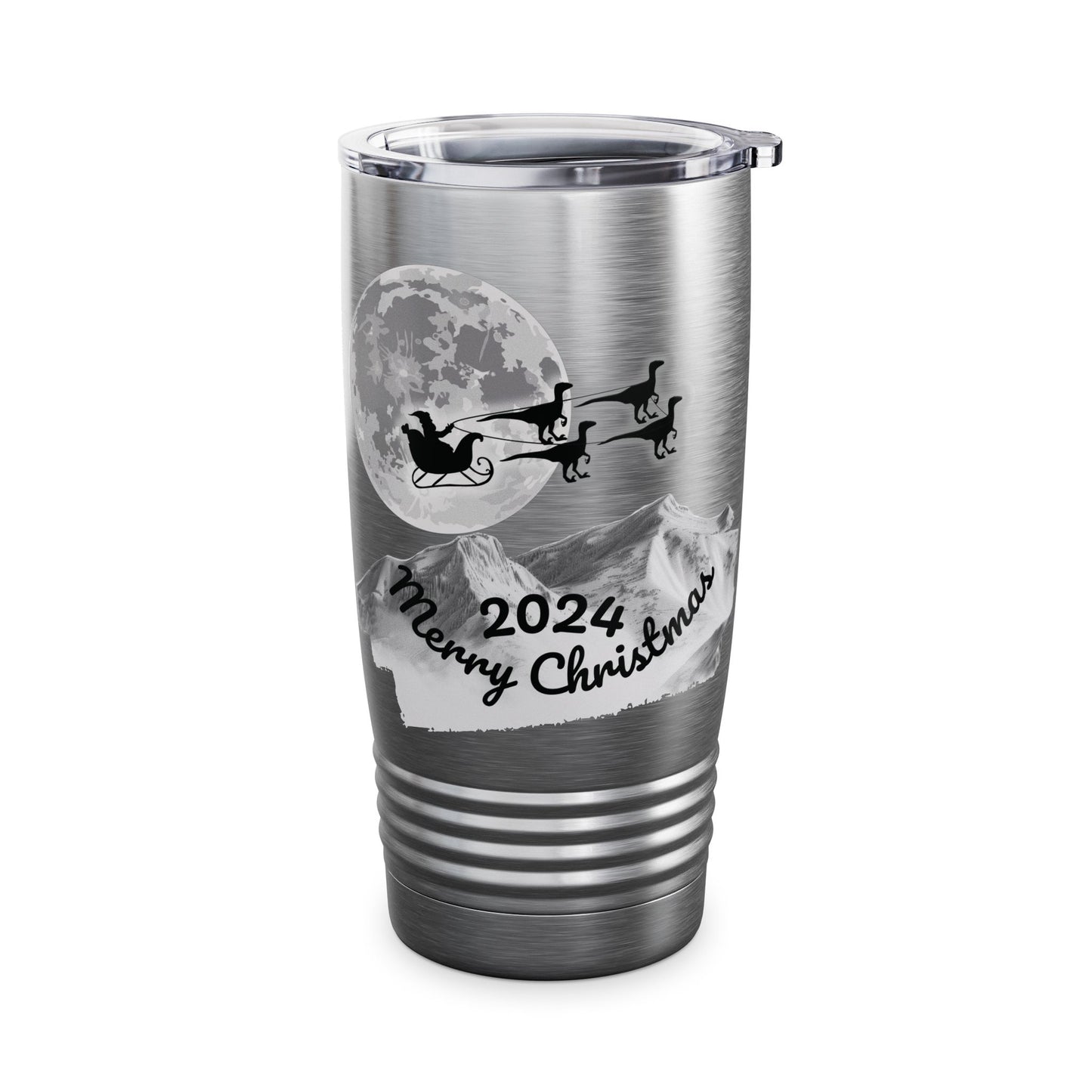 Christmas Tumbler, Santa Riding Sleigh Pulled by Velociraptors, 20oz