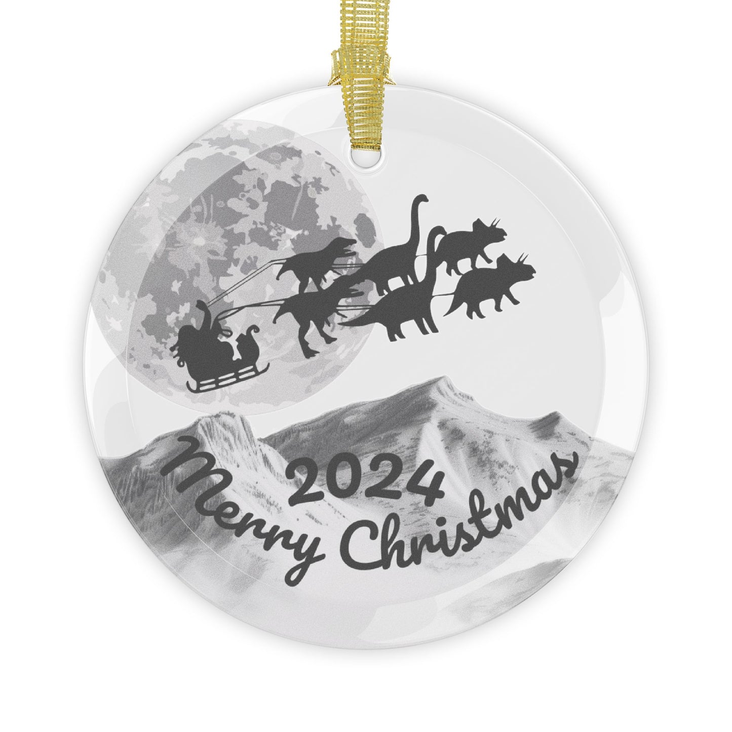 Glass Ornaments featuring Santa Riding a Sleigh Pulled by a Pack of Dinosaurs