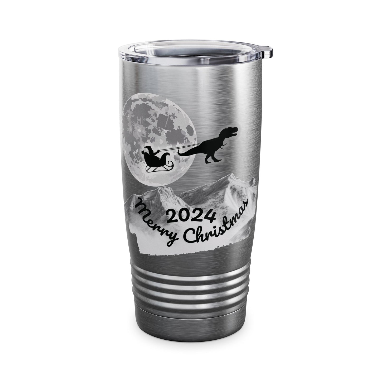 Christmas Tumbler, Santa Riding Sleigh Pulled by a T-Rex, 20oz