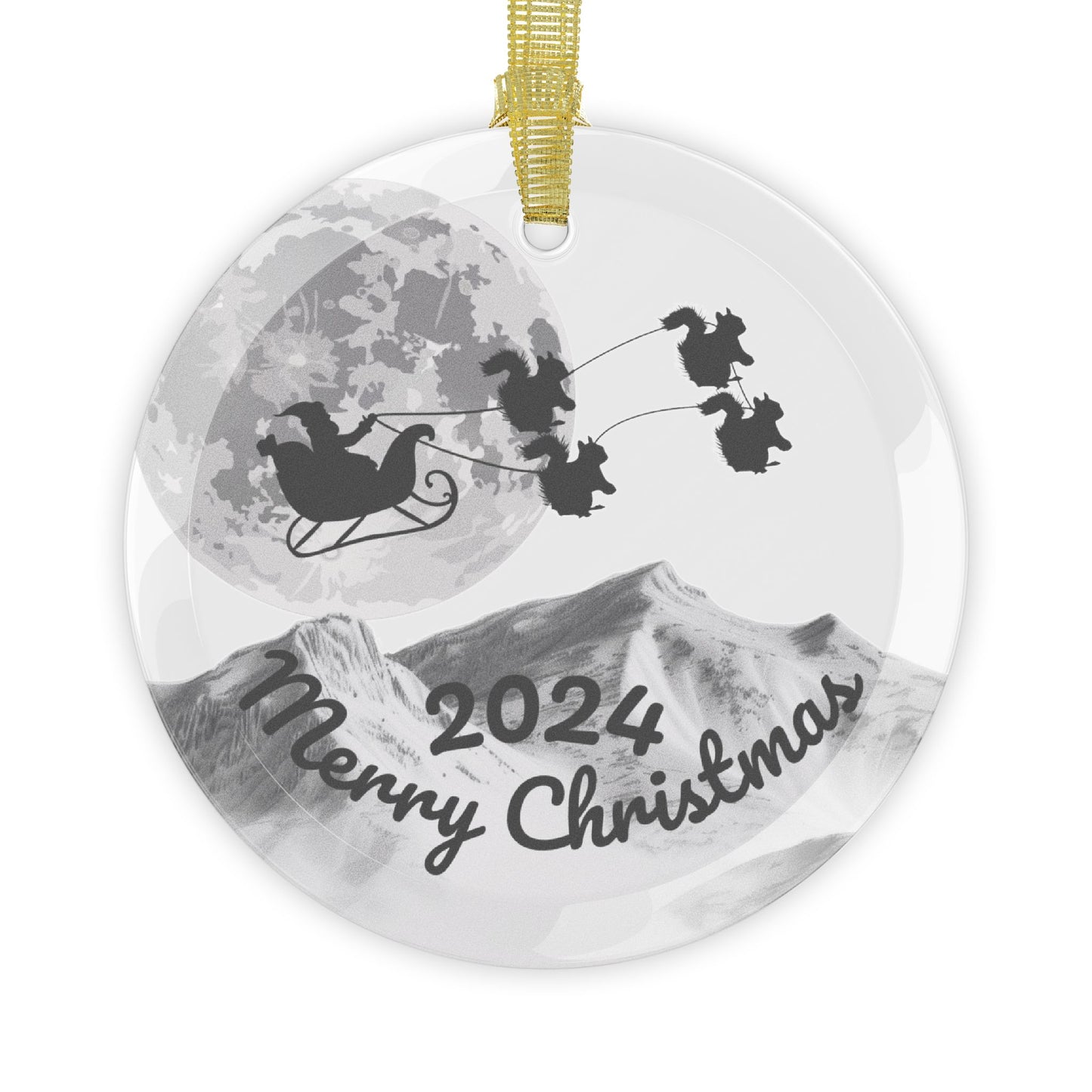 Glass Ornaments featuring Santa Riding a Sleigh Pulled by a Team of Squirrels