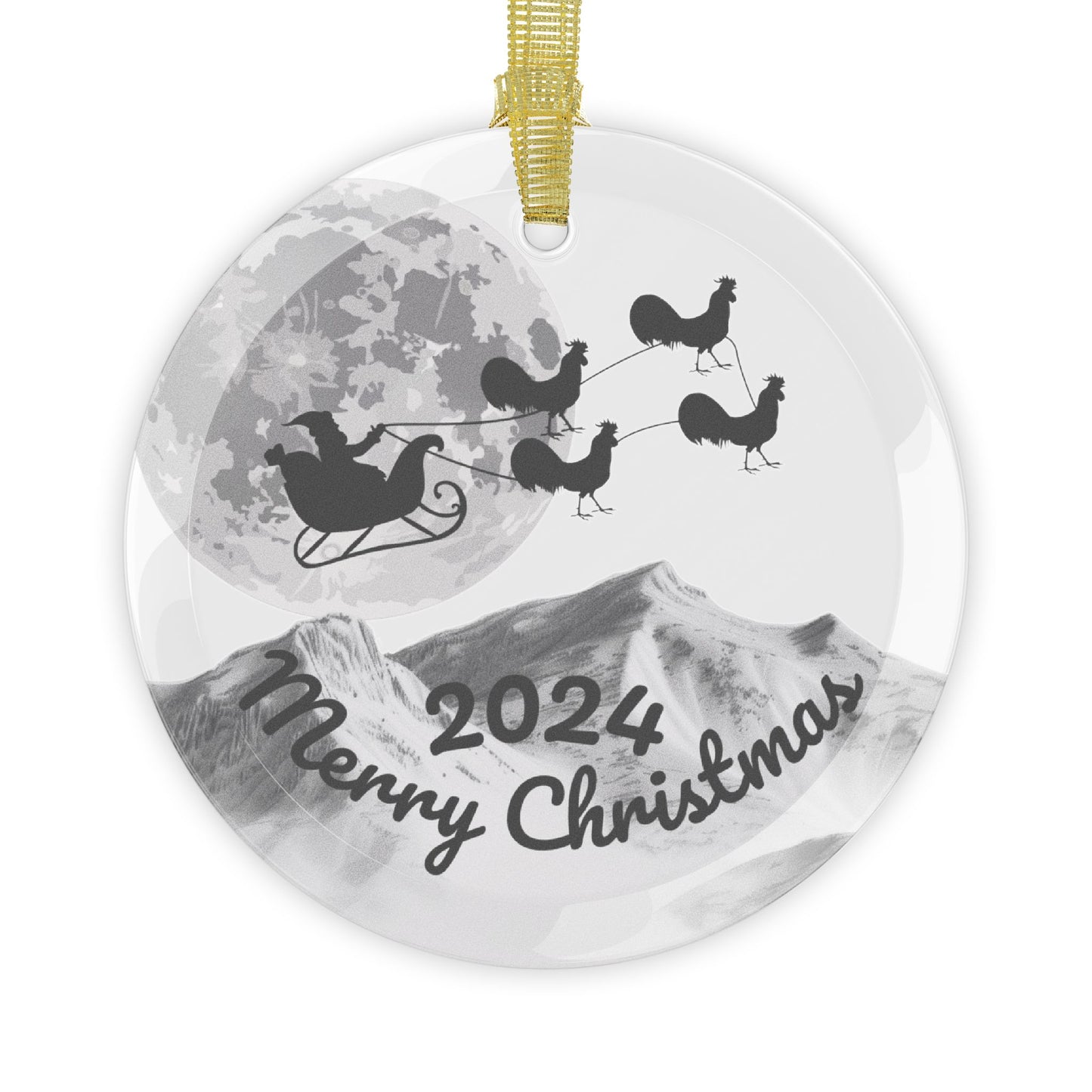 Glass Ornaments featuring Santa Riding a Sleigh Pulled by a Team of Roosters