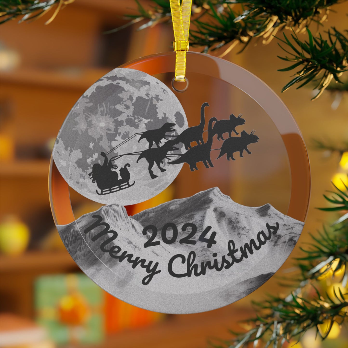 Glass Ornaments featuring Santa Riding a Sleigh Pulled by a Pack of Dinosaurs