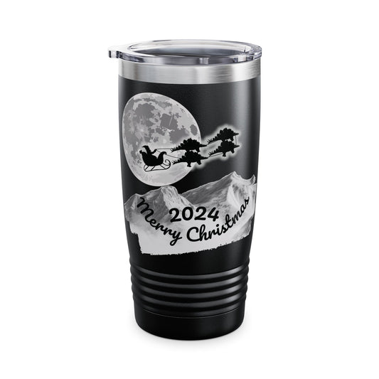 Christmas Tumbler, Santa Riding Sleigh Pulled by Stegosaurs, 20oz