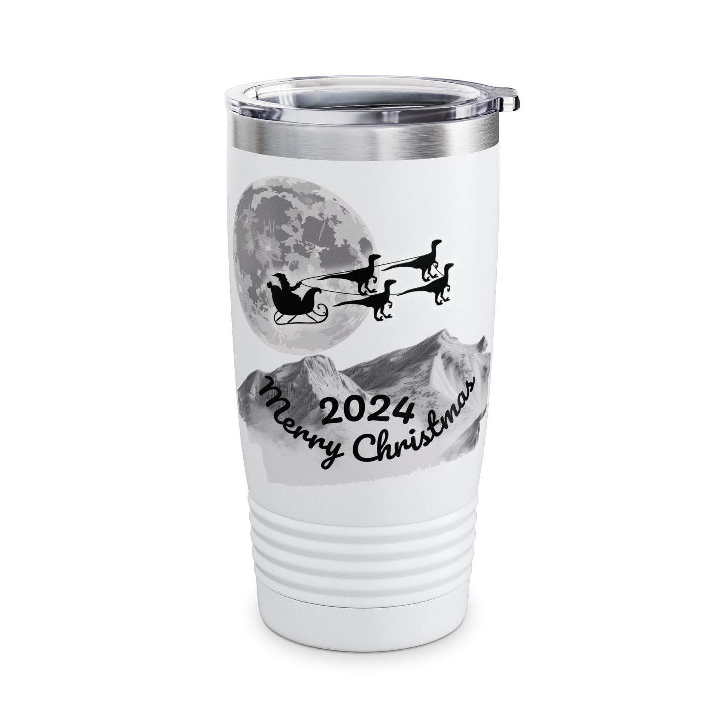 Christmas Tumbler, Santa Riding Sleigh Pulled by Velociraptors, 20oz