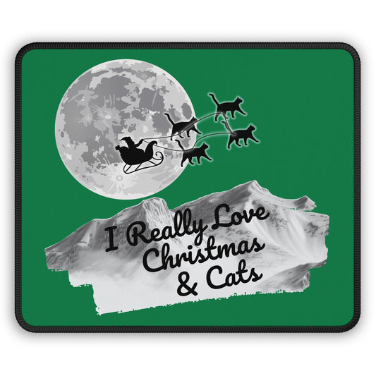 Christmas Cat Gaming Mouse Pad, Holiday Santa Sleigh Design, Xmas Desk Mat, Gift for Gamers, Kitten Xmas Office Decor