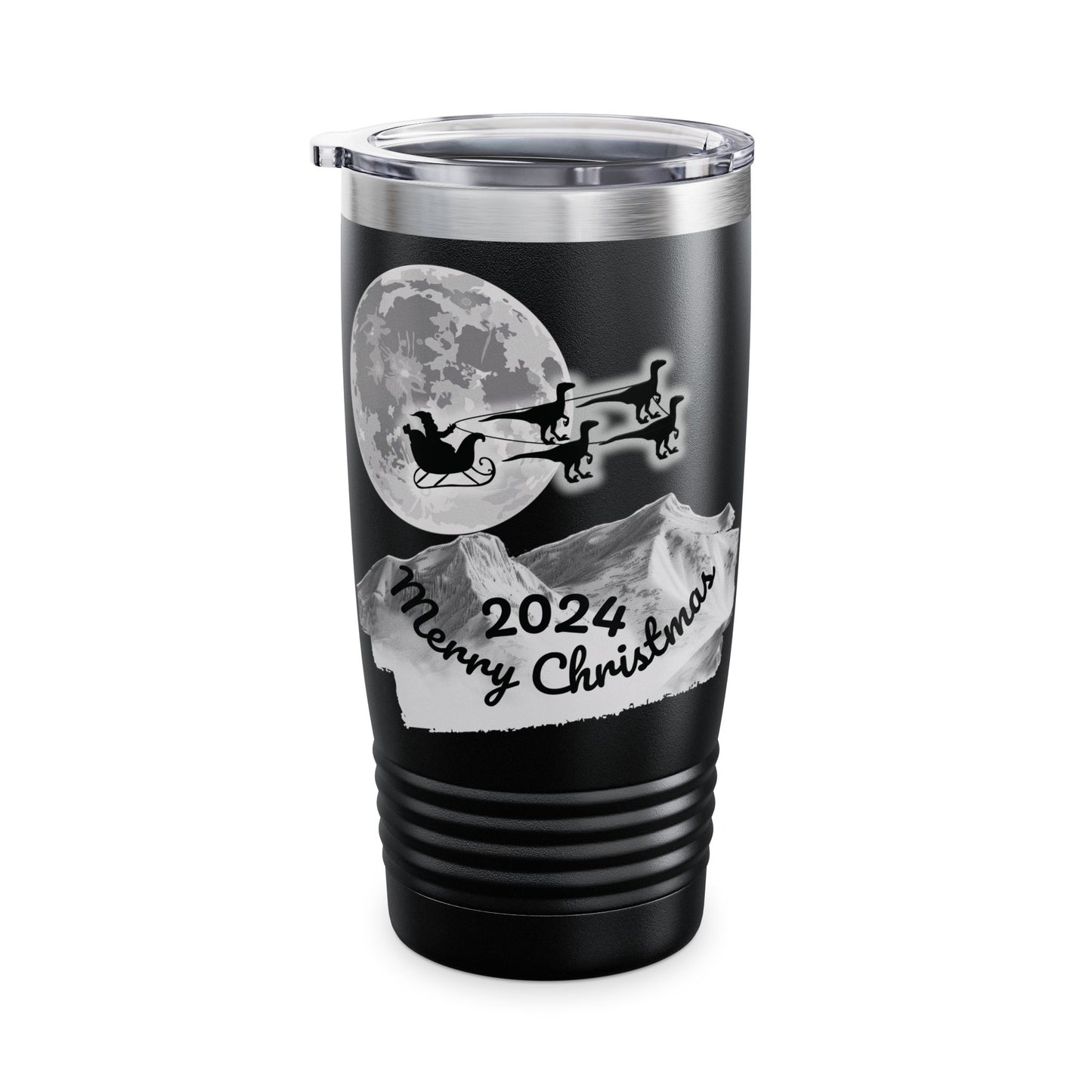 Christmas Tumbler, Santa Riding Sleigh Pulled by Velociraptors, 20oz