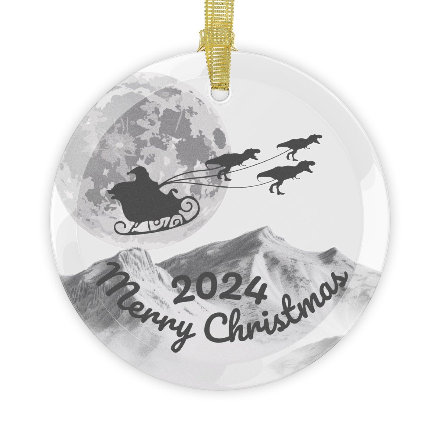 Glass Ornaments featuring Santa Riding a Sleigh Pulled by a Trio of Tyrannosaurus Rex