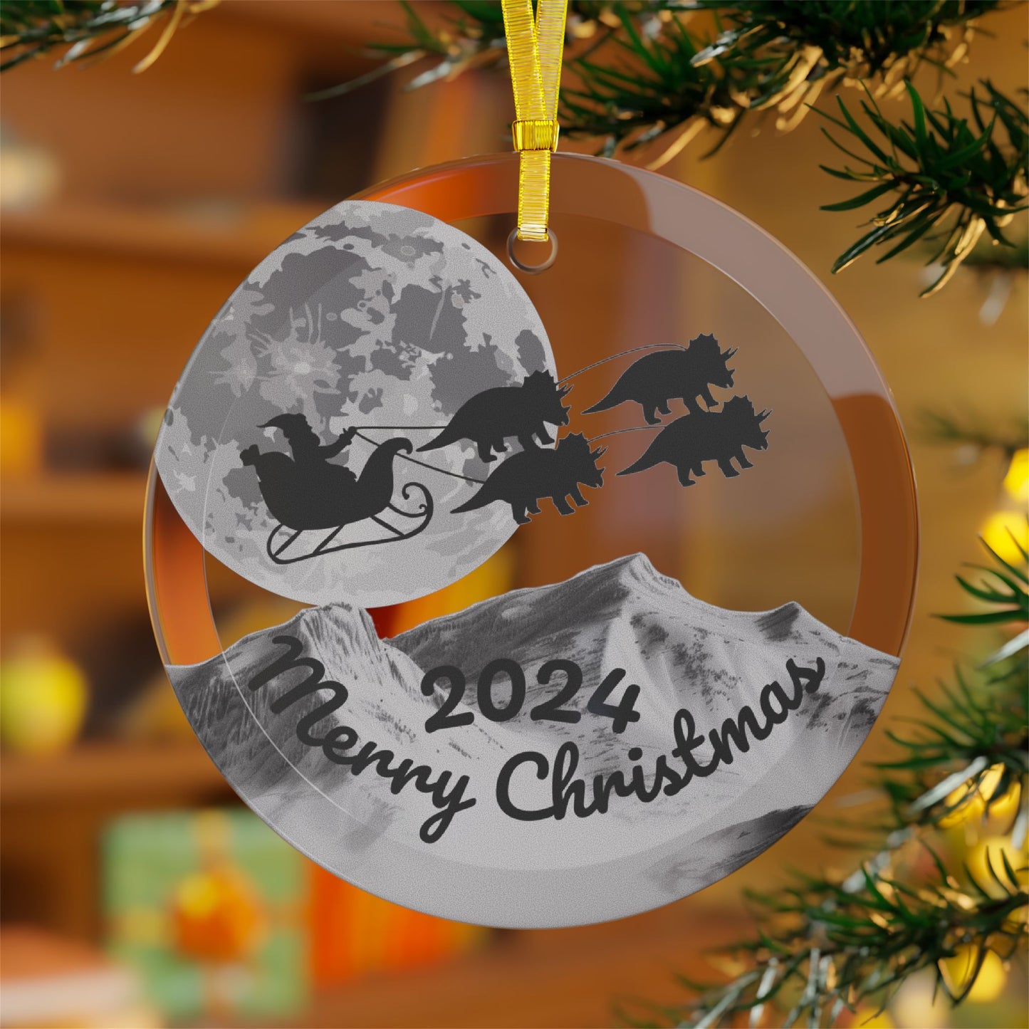 Glass Ornaments featuring Santa Riding a Sleigh Pulled by a Team of Triceratops