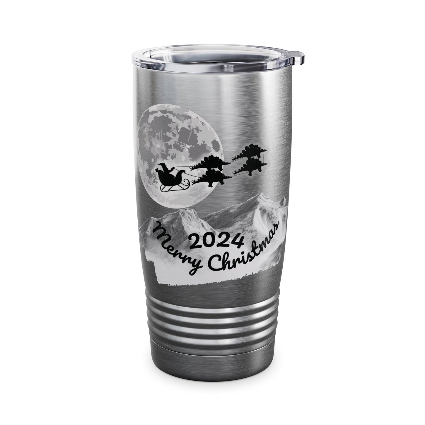 Christmas Tumbler, Santa Riding Sleigh Pulled by Stegosaurs, 20oz