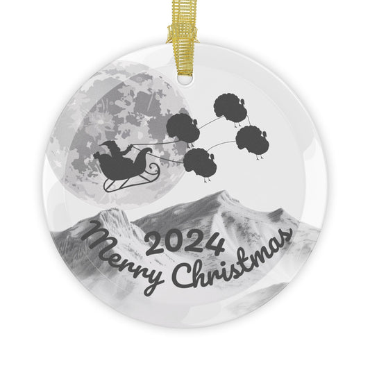 Glass Ornaments featuring Santa Riding a Sleigh Pulled by a Team of Turkeys