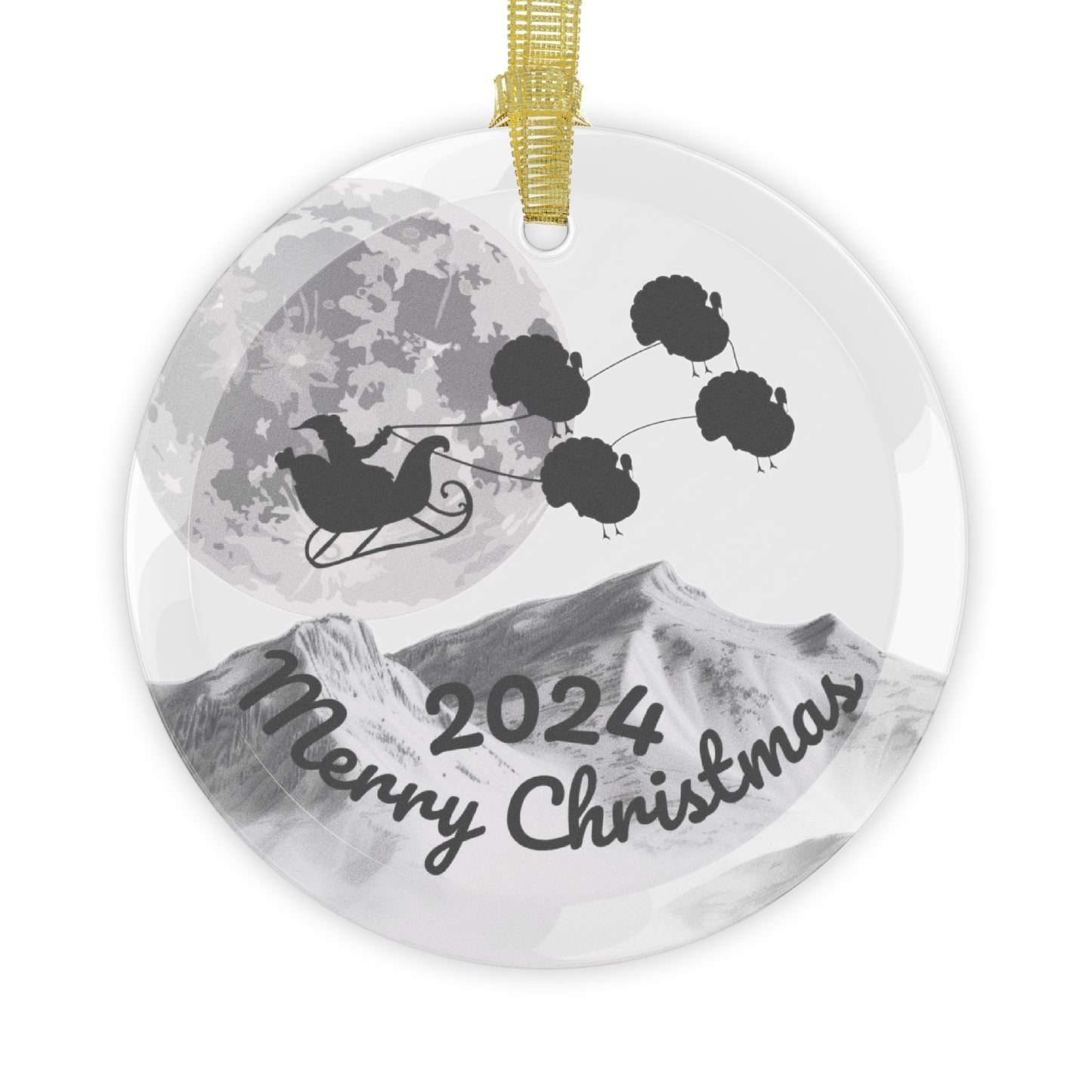 Glass Ornaments featuring Santa Riding a Sleigh Pulled by a Team of Turkeys