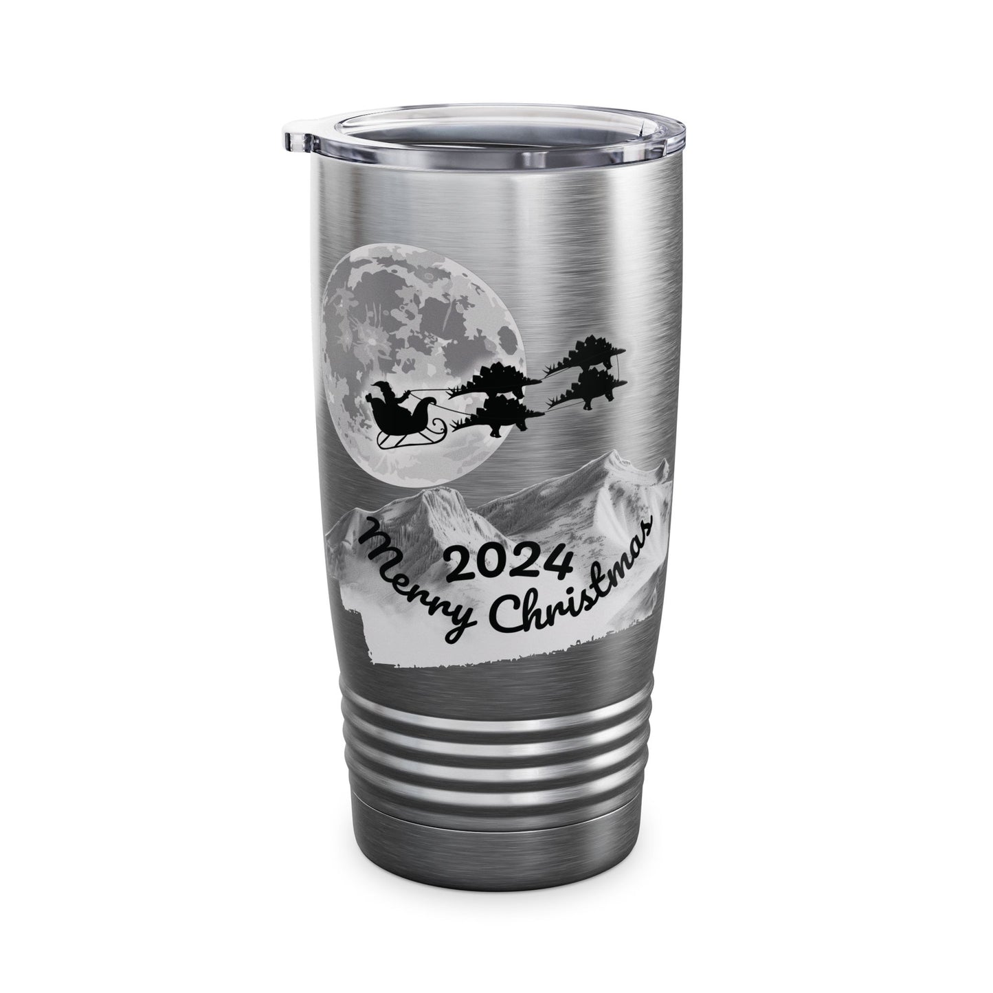 Christmas Tumbler, Santa Riding Sleigh Pulled by Stegosaurs, 20oz