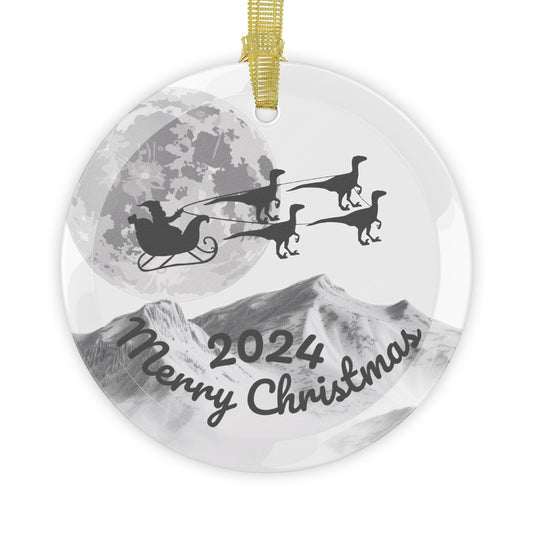 Glass Ornaments featuring Santa Riding a Sleigh Pulled by a Pack of Raptors