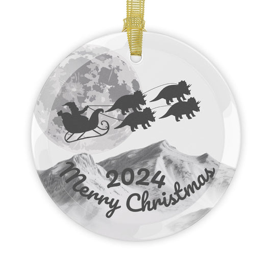 Glass Ornaments featuring Santa Riding a Sleigh Pulled by a Team of Triceratops